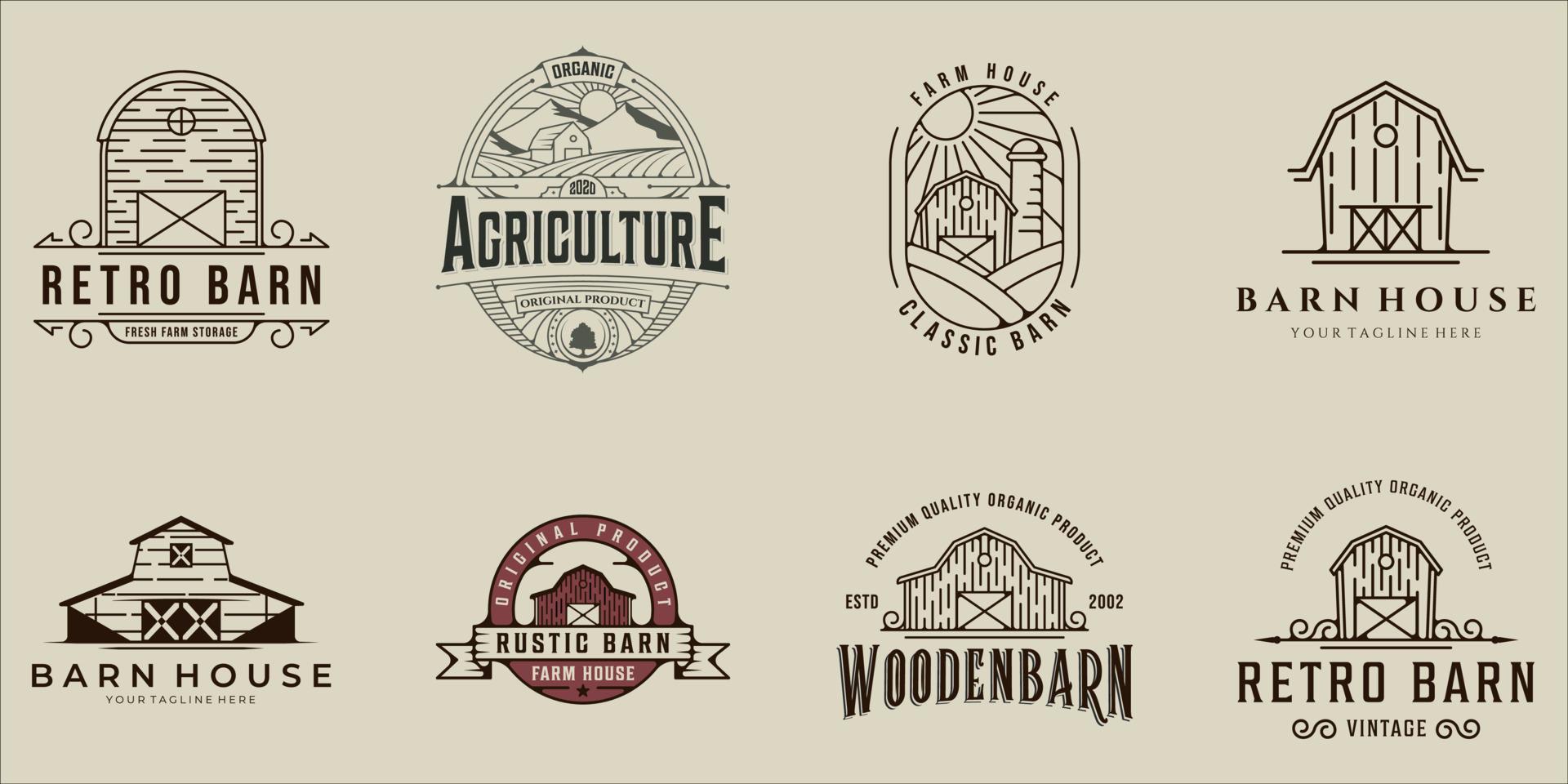 conjunto de logotipo do celeiro linha arte ilustração vetorial vintage modelo ícone design gráfico. coleção de pacotes de vários sinais ou símbolos de casas de fazenda para negócios agrícolas com crachá e tipografia vetor