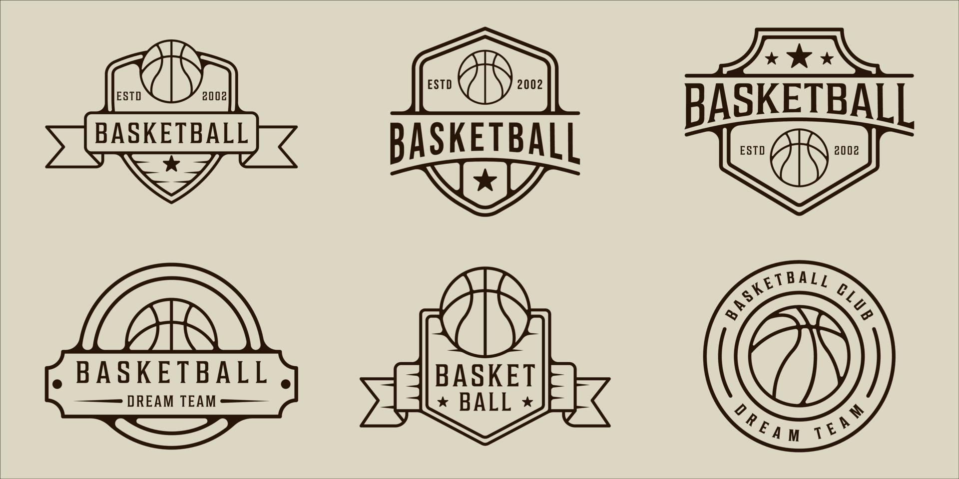 conjunto de basquete logotipo linha arte vetor simples ilustração minimalista modelo ícone design gráfico. coleção de pacotes de vários sinais ou símbolos de esportes de basquete para equipes ou ligas de clubes com distintivo