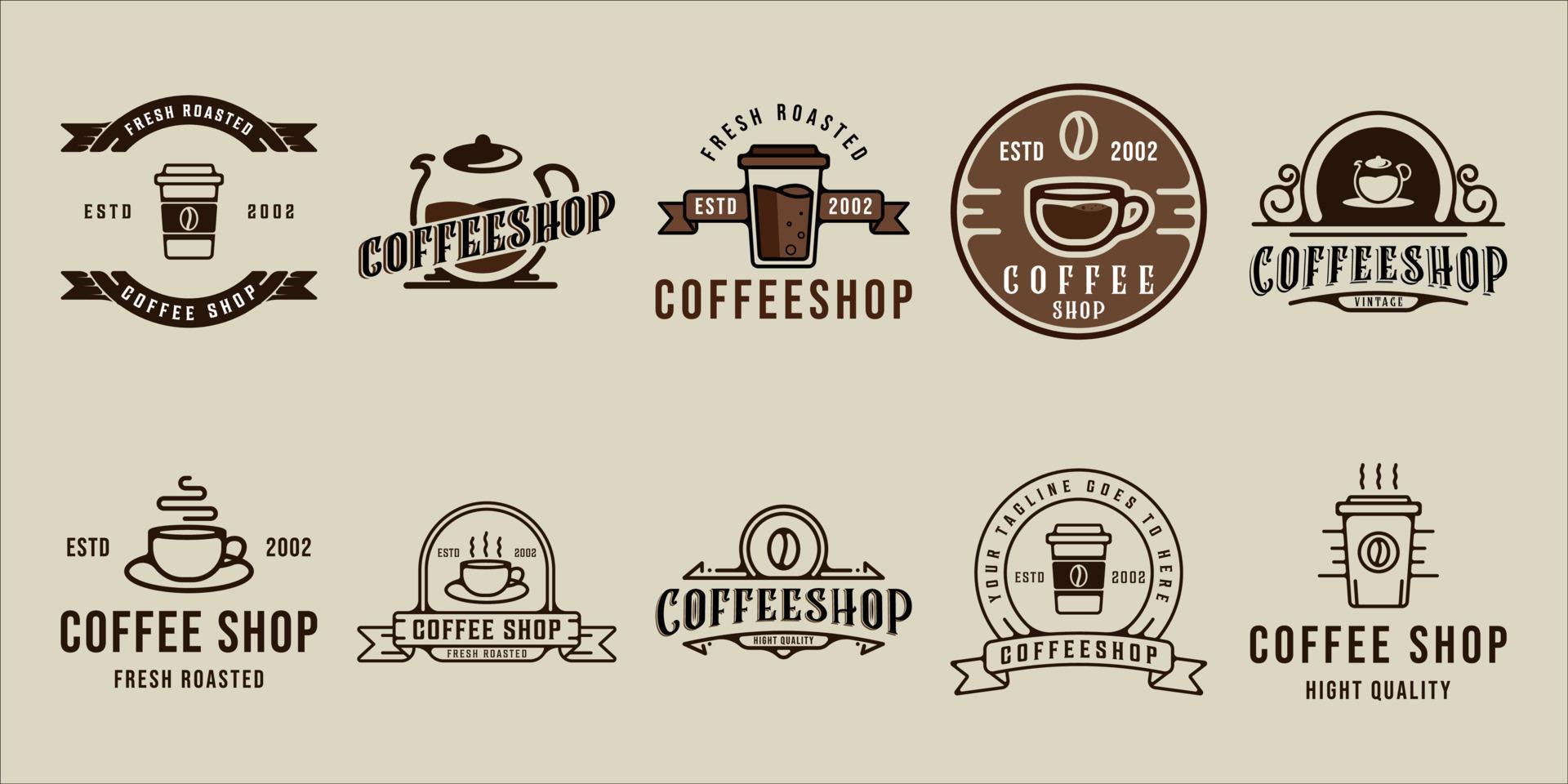 conjunto de café logotipo linha arte vetor vintage ilustração modelo ícone design gráfico. coleção de pacotes de vários sinais ou símbolos de bebidas ou bebidas para café ou restaurante de negócios com crachá