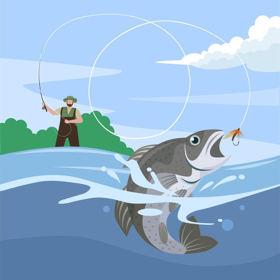 homem de pesca voadora, jogando isca na superfície do rio, com vista subaquática, ilustração vetorial. vetor