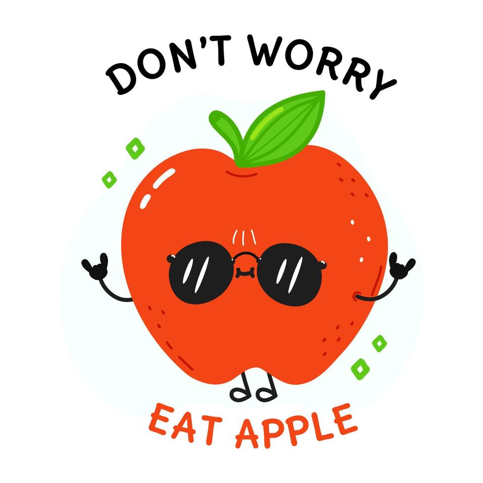 não se preocupe coma cartão de maçã com maçã vermelha feliz e fofa. vector mão desenhada doodle estilo cartoon personagem ilustração ícone design. cartão com maçã vermelha feliz fofa