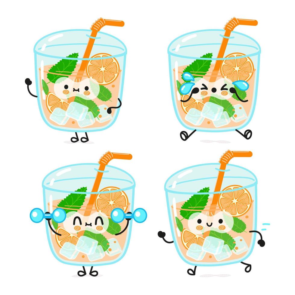 conjunto de pacotes de personagens de suco de laranja feliz fofo engraçado. vector mão desenhada doodle estilo cartoon personagem ilustração ícone design. coleção de personagens de mascote de suco de laranja fofo