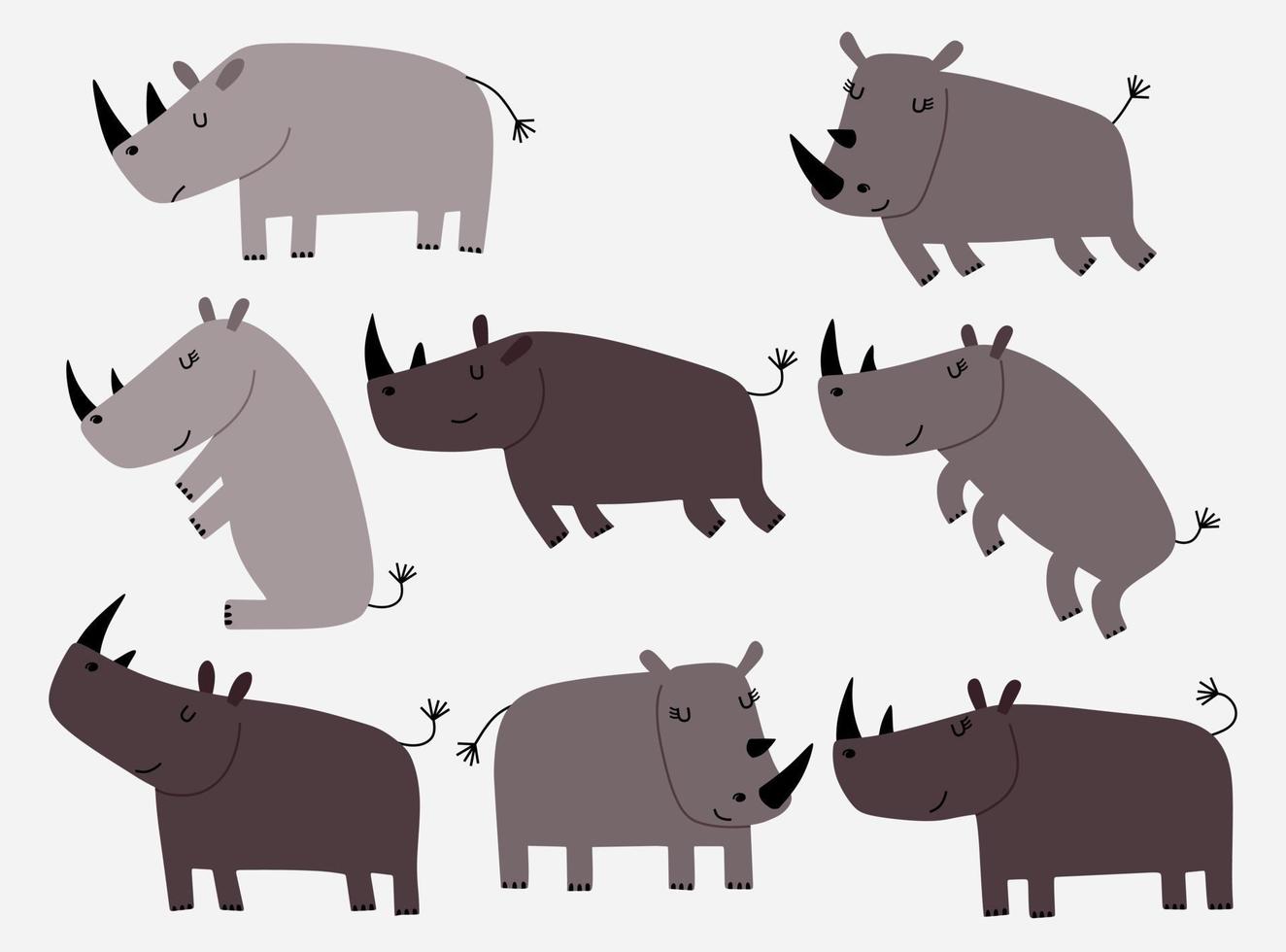 conjunto de rinoceronte bonito dos desenhos animados em estilo simples simples moderno. vetor