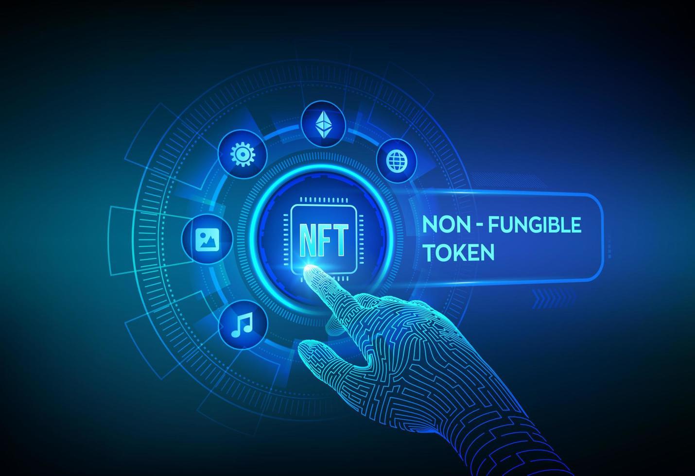 nft. conceito de tecnologia blockchain de arte de criptografia digital de token não fungível. investimento em criptografia. mão robótica tocando interface digital. ilustração vetorial. vetor