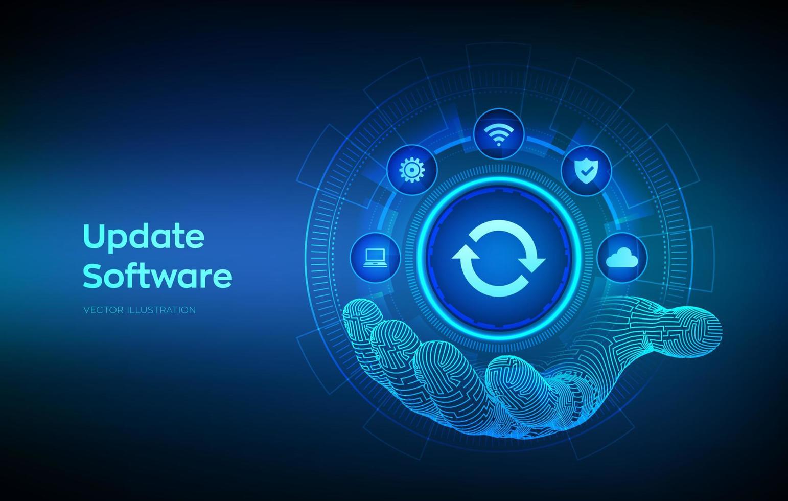 ícone de atualização na mão robótica. atualizar o conceito de versão de software na tela virtual. conceito de internet de tecnologia de negócios de atualização de programa de computador. ilustração vetorial. vetor