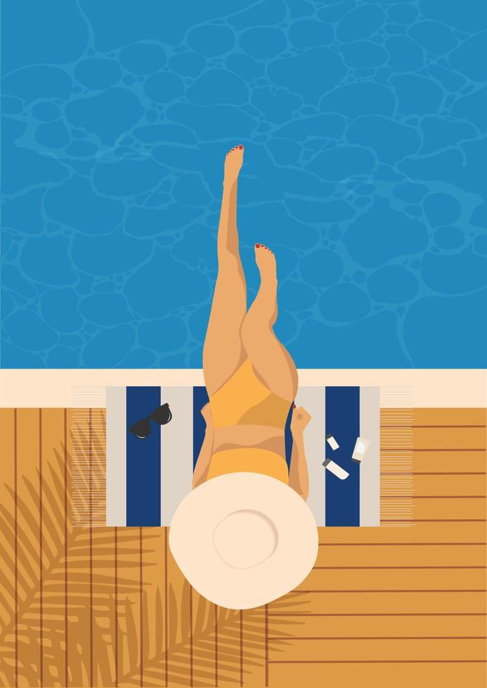 cartaz de verão com uma garota em um traje de banho sentado à beira da piscina em cores retrô. bandeira de verão. ilustração vetorial vetor
