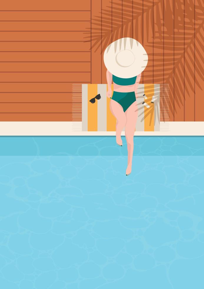 cartaz de verão com uma garota em um traje de banho sentado à beira da piscina. bandeira de verão. ilustração vetorial vetor