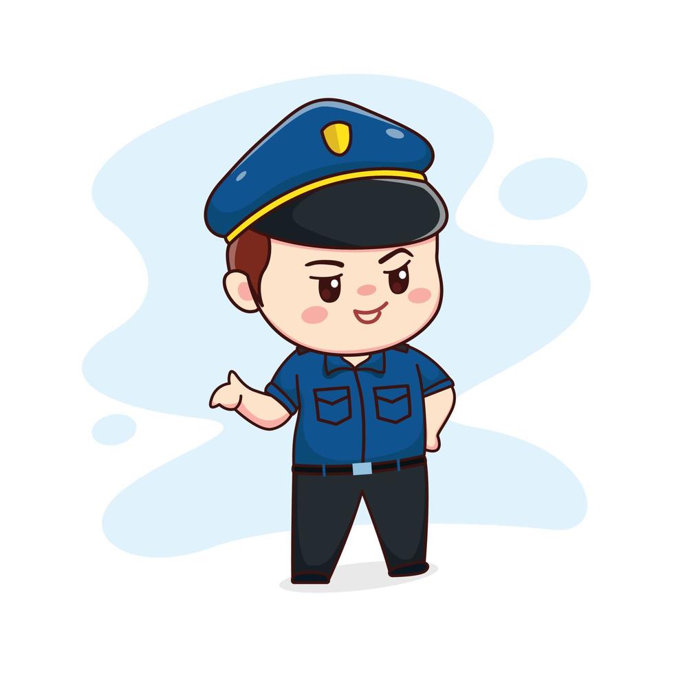 ilustração de design de personagem de desenho animado kawaii chibi de policial fofo feliz vetor