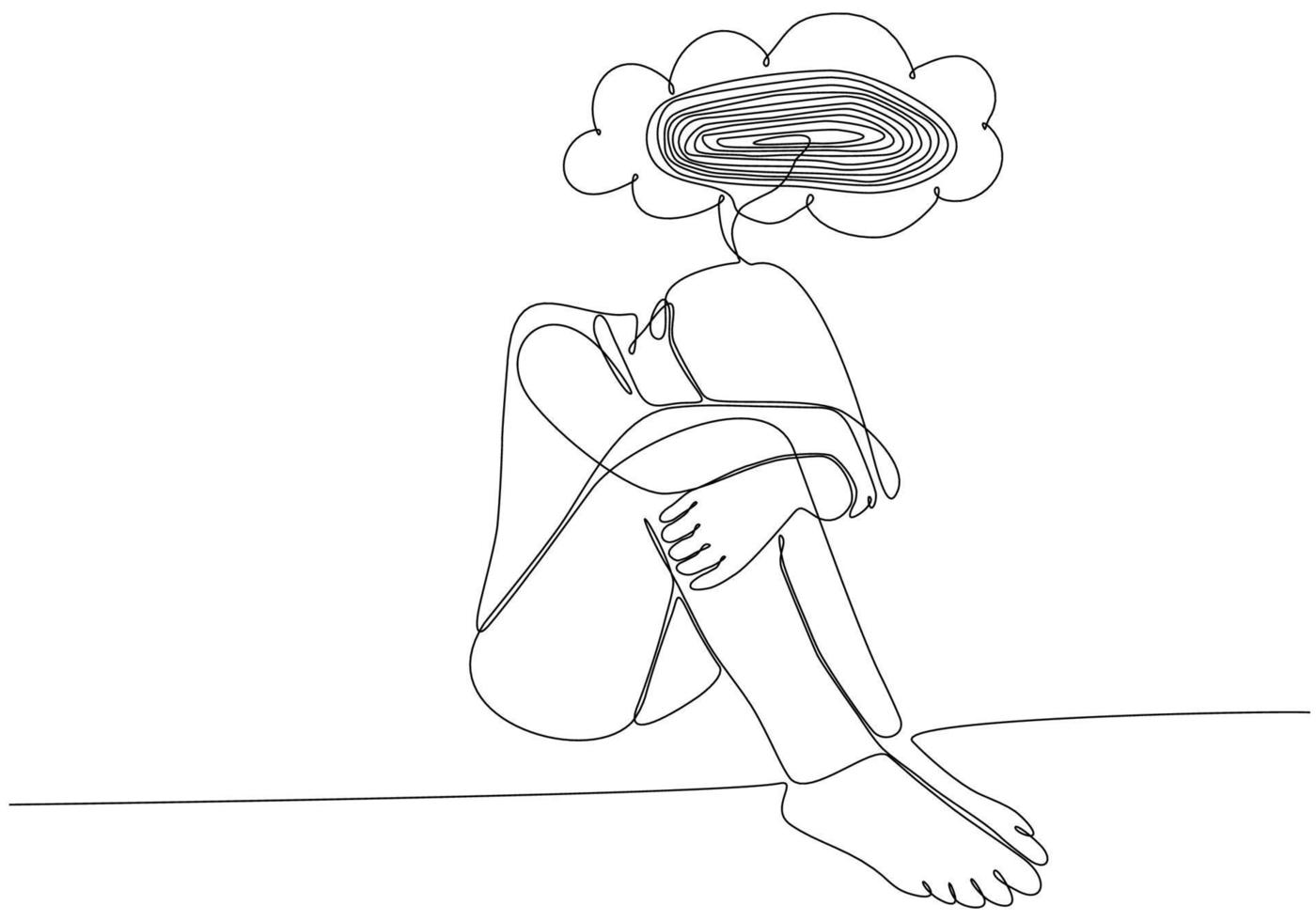 desenho de linha contínua de uma jovem se sentindo triste, cansada e preocupada, sofrendo de depressão na ilustração vetorial de saúde mental vetor
