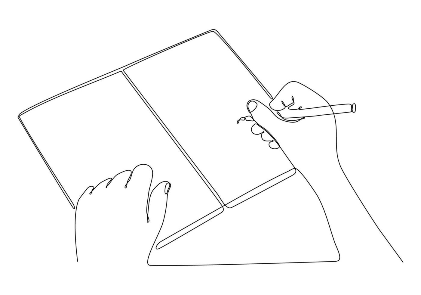 desenho de linha contínua da mão de um homem escrevendo algo em um bloco de notas isolado em uma ilustração vetorial de fundo branco vetor