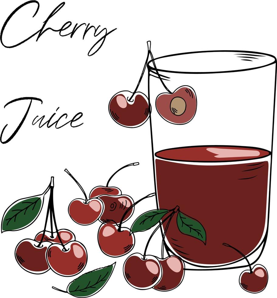 ilustração vetorial colorida desenhada à mão de suco de cereja em copo servido com cerejas frescas maduras, isoladas no fundo branco. ilustração vetorial vetor
