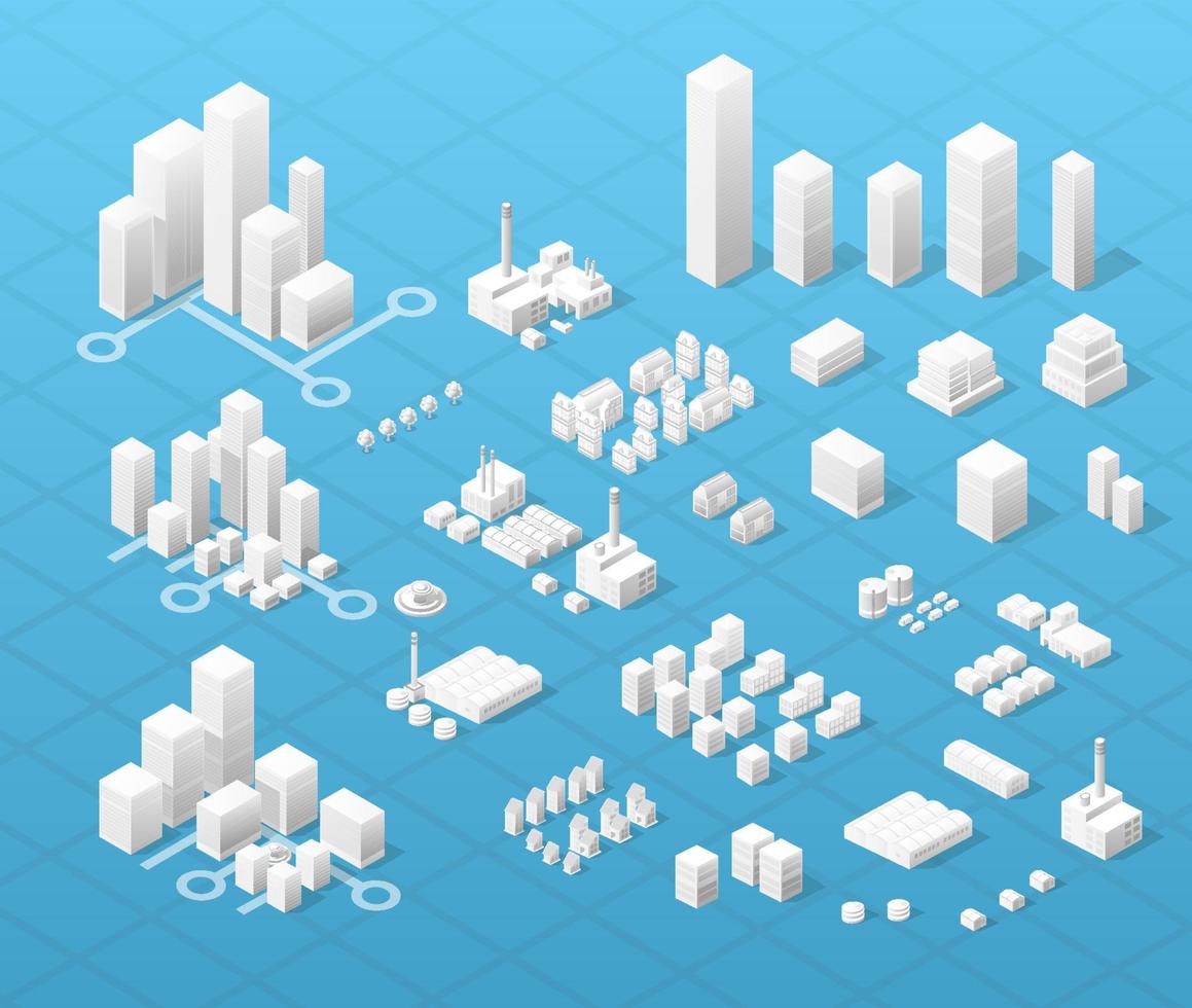 centro isométrico vetorial da cidade no mapa com um grande número de edifícios, arranha-céus, fábricas, parques e veículos. vista isométrica de um grande negócio de cidade moderna. vetor