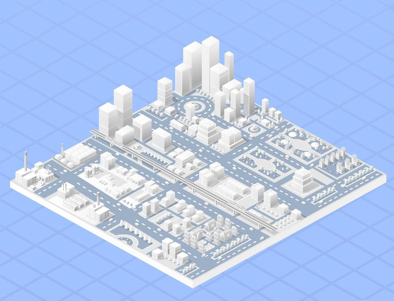 centro isométrico vetorial da cidade no mapa com um grande número de edifícios, arranha-céus, fábricas, parques e veículos. vista isométrica de um grande negócio de cidade moderna. vetor