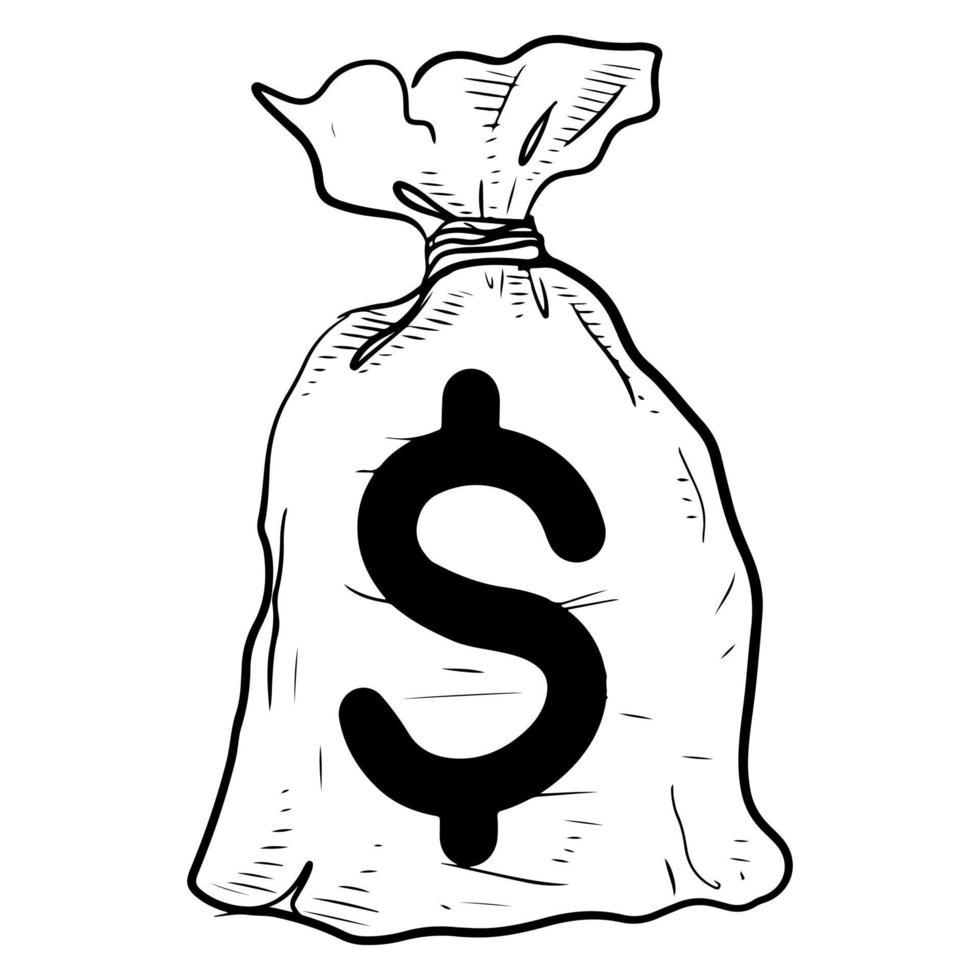 saco de dinheiro desenhado de mão com cifrão isolado no fundo branco. ilustração vetorial. vetor