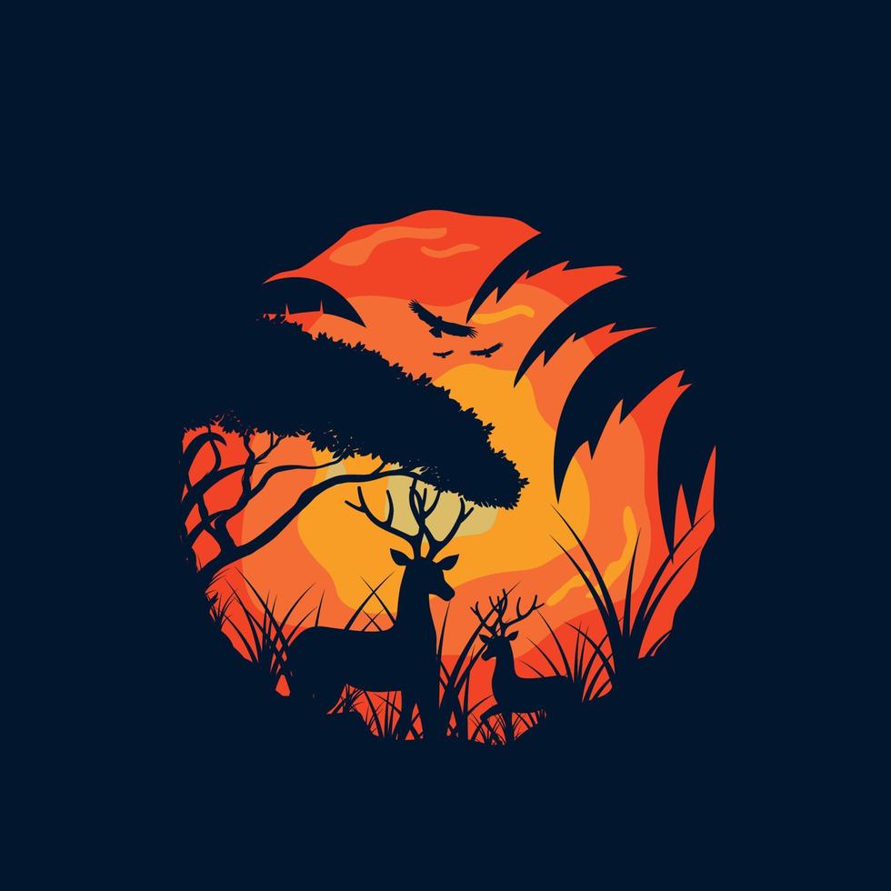 ilustração de logotipo de floresta e veado com inspiração de design vetorial ao ar livre do pôr do sol vetor