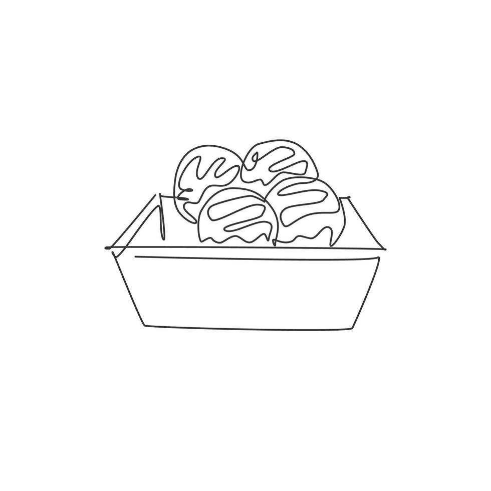 um único desenho de linha de ilustração gráfica de vetor de logotipo de bola takoyaki japonês fresco. menu de café de frutos do mar e conceito de crachá de restaurante. logotipo de comida de rua de design de desenho de linha contínua moderno