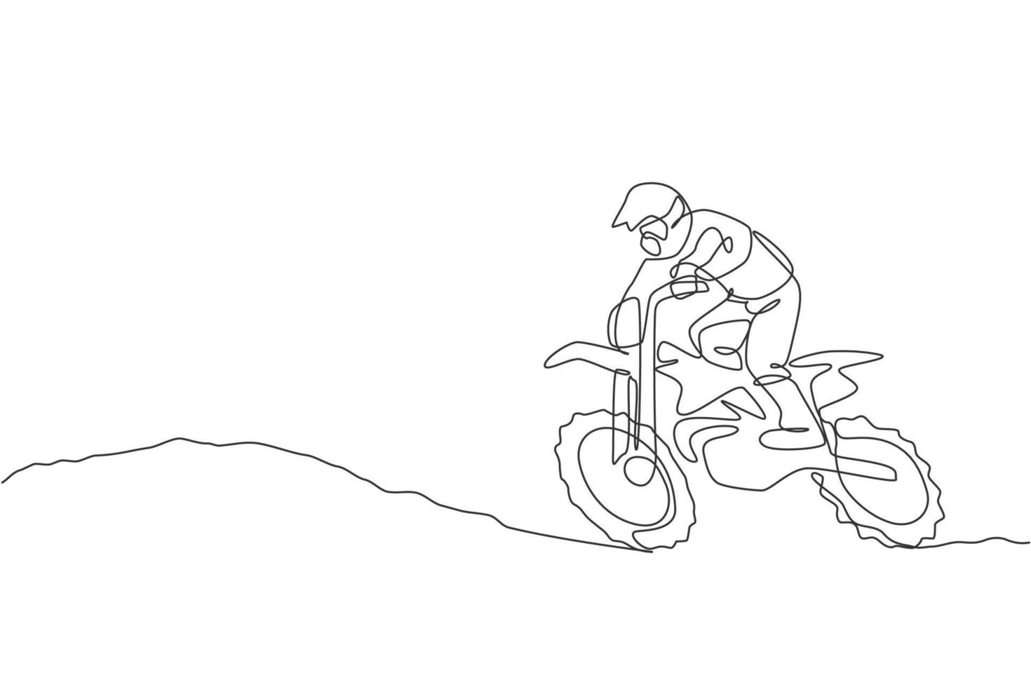 um único desenho de linha do jovem piloto de motocross sobe a colina no solo na ilustração gráfica de vetor de pista de corrida. conceito de esporte radical. design moderno de desenho de linha contínua para banner de evento de corrida de motocross