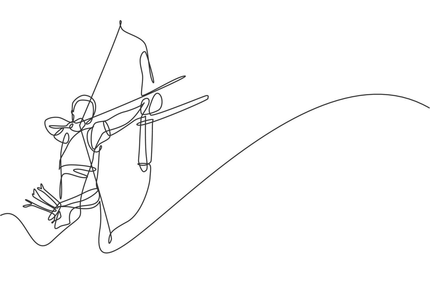 um único desenho de linha do foco do jovem arqueiro exercitando o tiro com arco para acertar a ilustração gráfica do vetor alvo. tiro de atualização saudável com conceito de esporte de arco. design moderno de desenho de linha contínua
