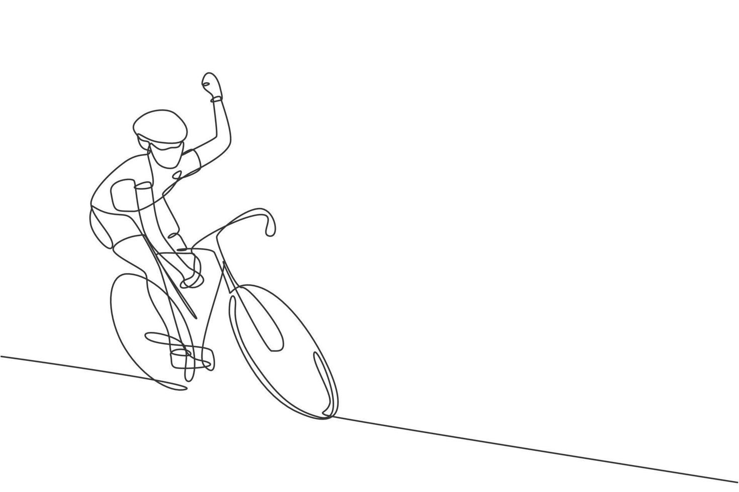 um desenho de linha contínua da mão de onda de ciclista desportivo jovem para os adeptos. conceito de ciclista de estrada. ilustração em vetor gráfico dinâmico de desenho de linha única para cartaz de competição de ciclismo
