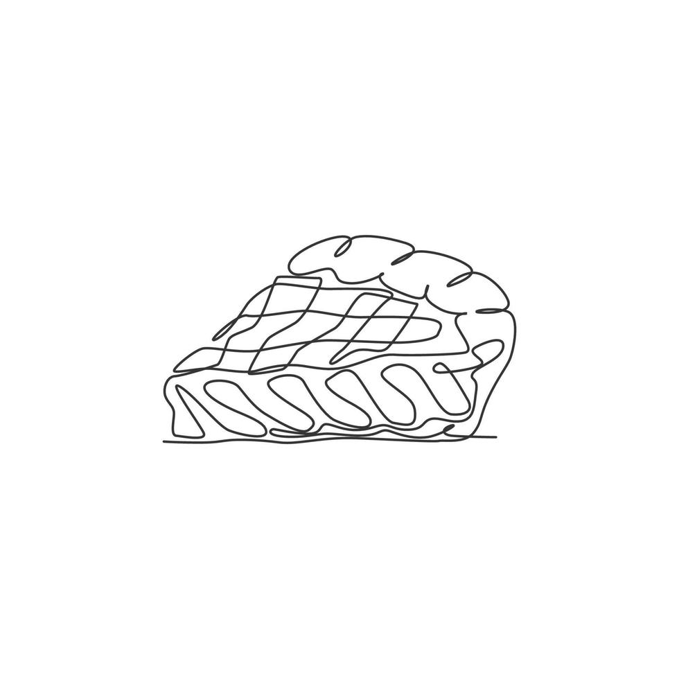 um único desenho de linha de ilustração vetorial gráfico de logotipo de torta de maçã fatiada fresca. menu de café de comida de padaria de pastelaria e conceito de crachá de restaurante. logotipo de bolo de design de desenho de linha contínua moderno vetor