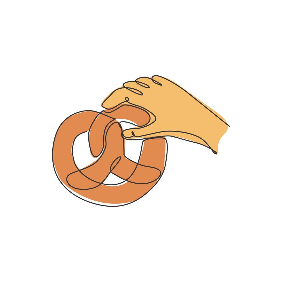 um desenho de linha contínua de pretzel de lanche delicioso fresco da alemanha no emblema do logotipo da mão. conceito de modelo de logotipo de loja de lanches de biscoitos doces. ilustração em vetor design de desenho de linha única moderna