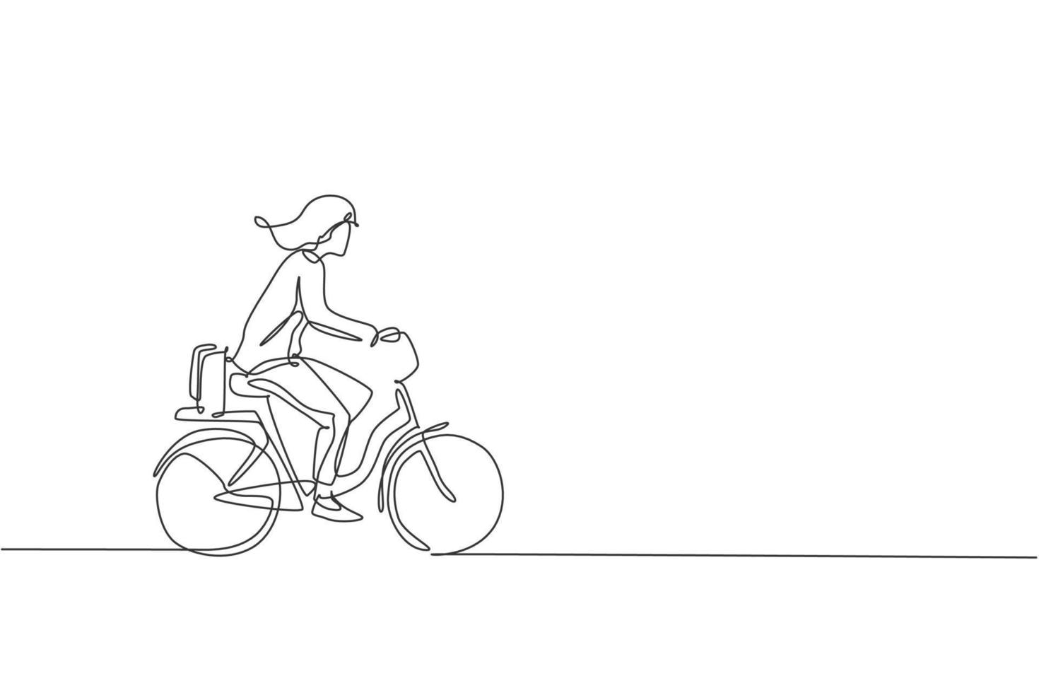 único desenho de linha contínua de jovem empresária profissional andando de bicicleta para sua empresa. bicicleta para o trabalho, conceito de transporte ecológico. ilustração em vetor design de desenho de uma linha na moda