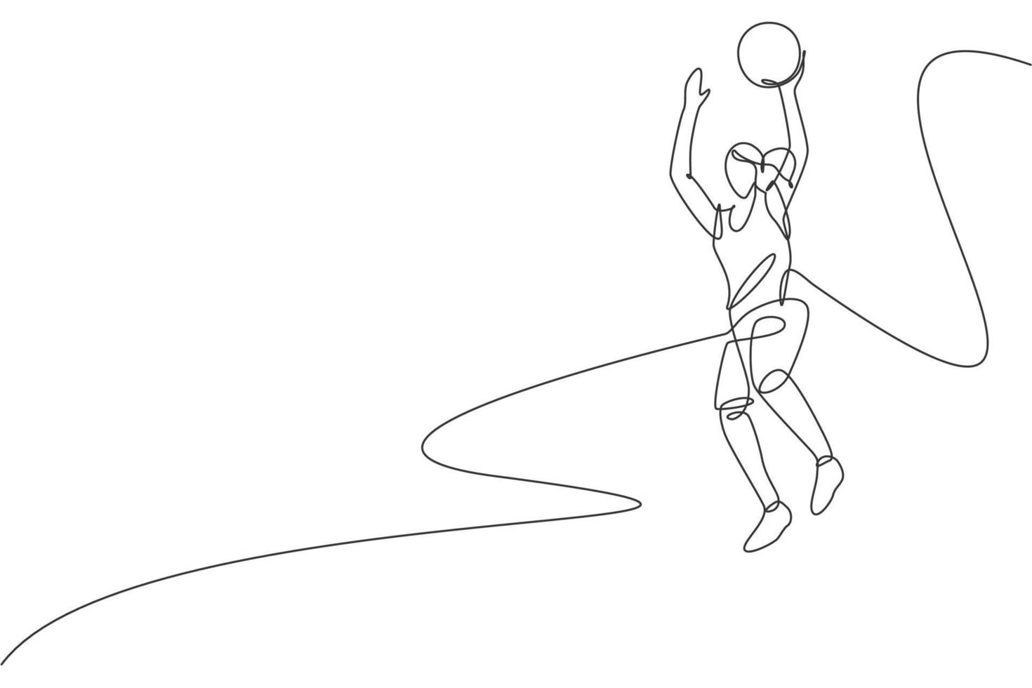 único desenho de linha contínua da jovem jogadora de basquete saudável pulando. conceito de esporte competitivo. ilustração vetorial de design de desenho de linha na moda para mídia de promoção de torneio de basquete vetor