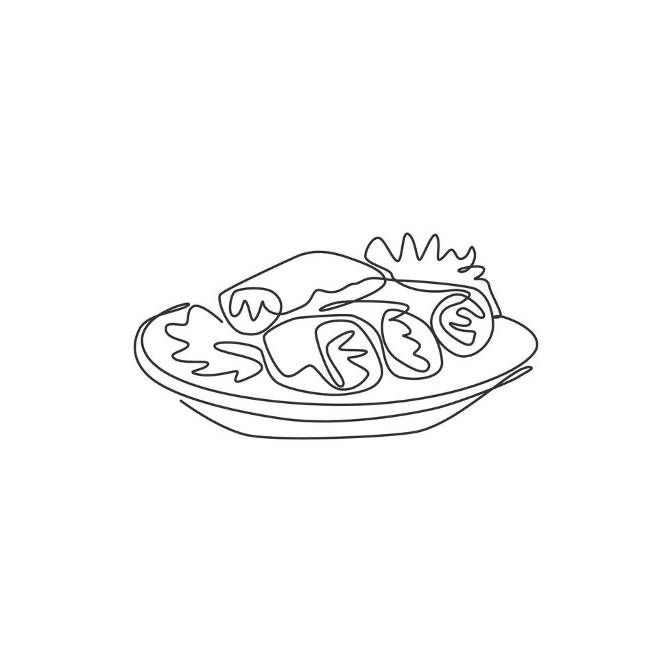 único desenho de linha contínua de rolinho primavera chinês estilizado na etiqueta do logotipo da placa. conceito de restaurante asiático. ilustração vetorial moderna de desenho de uma linha para café, loja ou serviço de entrega de comida vetor