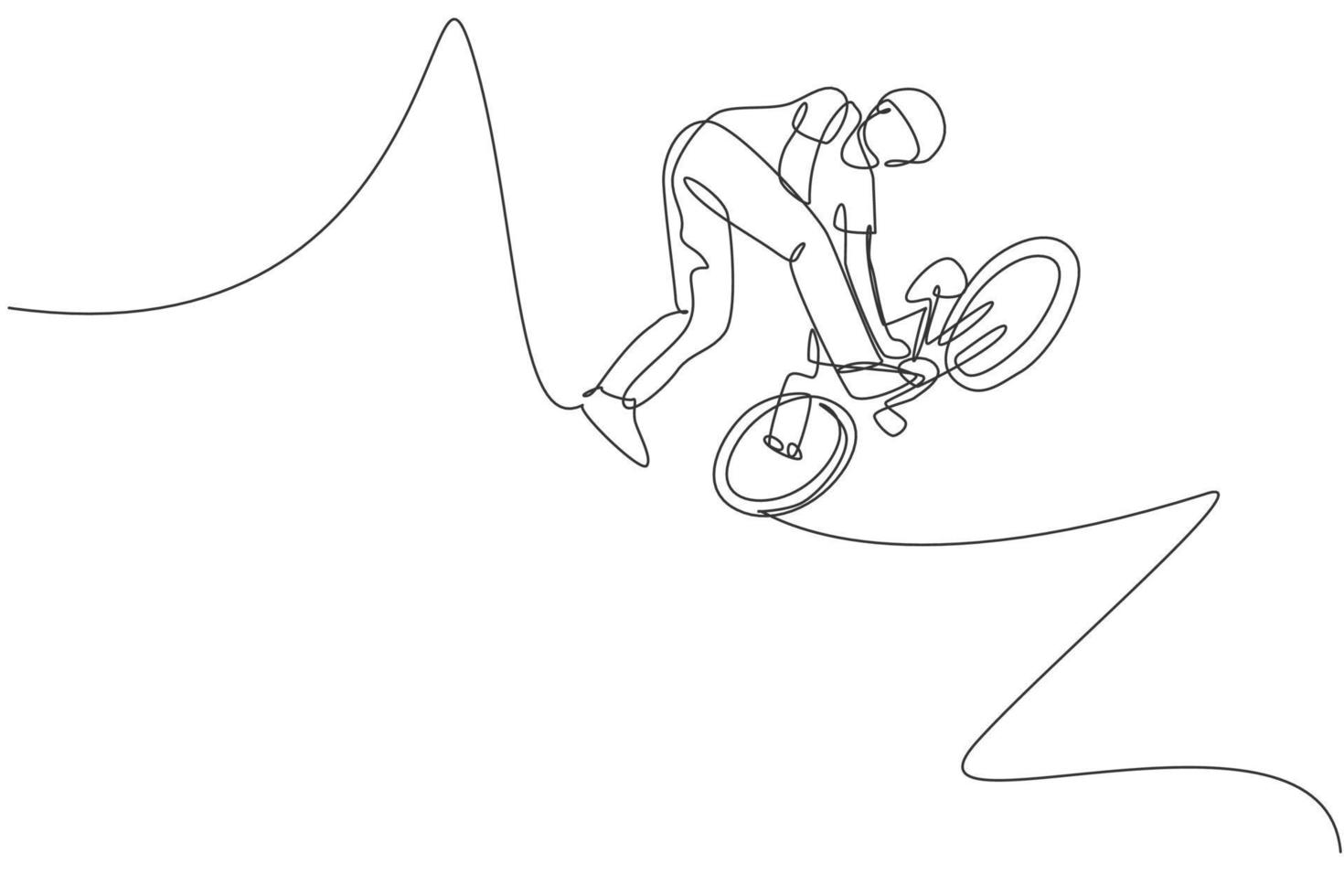 um único desenho de linha do jovem ciclista bmx voa no truque do ar na ilustração vetorial de rua. conceito de esporte radical. design moderno de desenho de linha contínua para banner de competição de estilo livre vetor