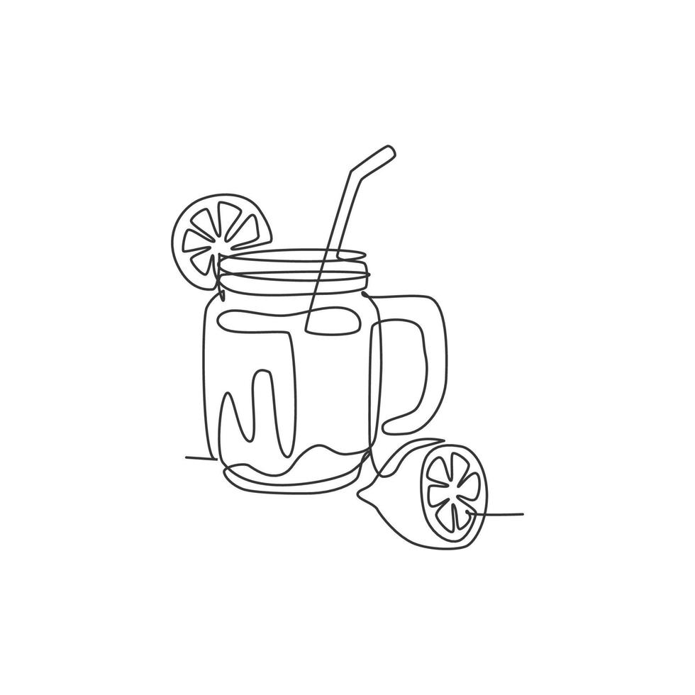 um único desenho de linha de gelo de limonada fresca no vidro de jarra com gráfico de ilustração vetorial de limão fatiado. menu de café e conceito de crachá de restaurante. design de arte de desenho de linha contínua moderno vetor