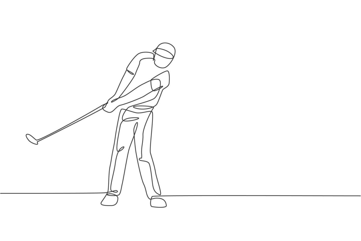 um desenho de linha contínua do jovem jogador de golfe balança o clube de golfe e bate na bola. conceito de esporte de lazer. gráfico de ilustração vetorial de desenho de linha única dinâmica para mídia de promoção de torneio vetor