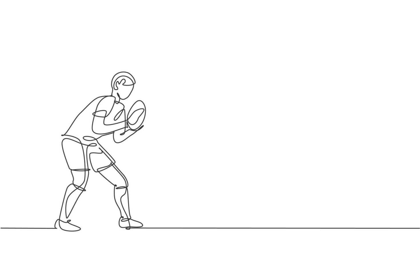 um desenho de linha contínua do jovem jogador de rugby pegar a bola no jogo. conceito de esporte agressivo competitivo. ilustração vetorial de desenho de linha única dinâmica para mídia de promoção de torneios vetor