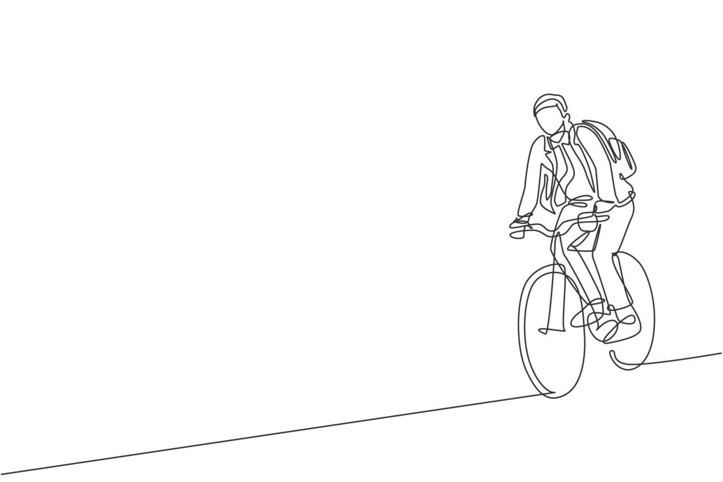 única linha contínua desenhando jovem empresário profissional andando de bicicleta para sua empresa. bicicleta para o trabalho, conceito de transporte ecológico. gráfico de ilustração vetorial de design de desenho de uma linha na moda vetor