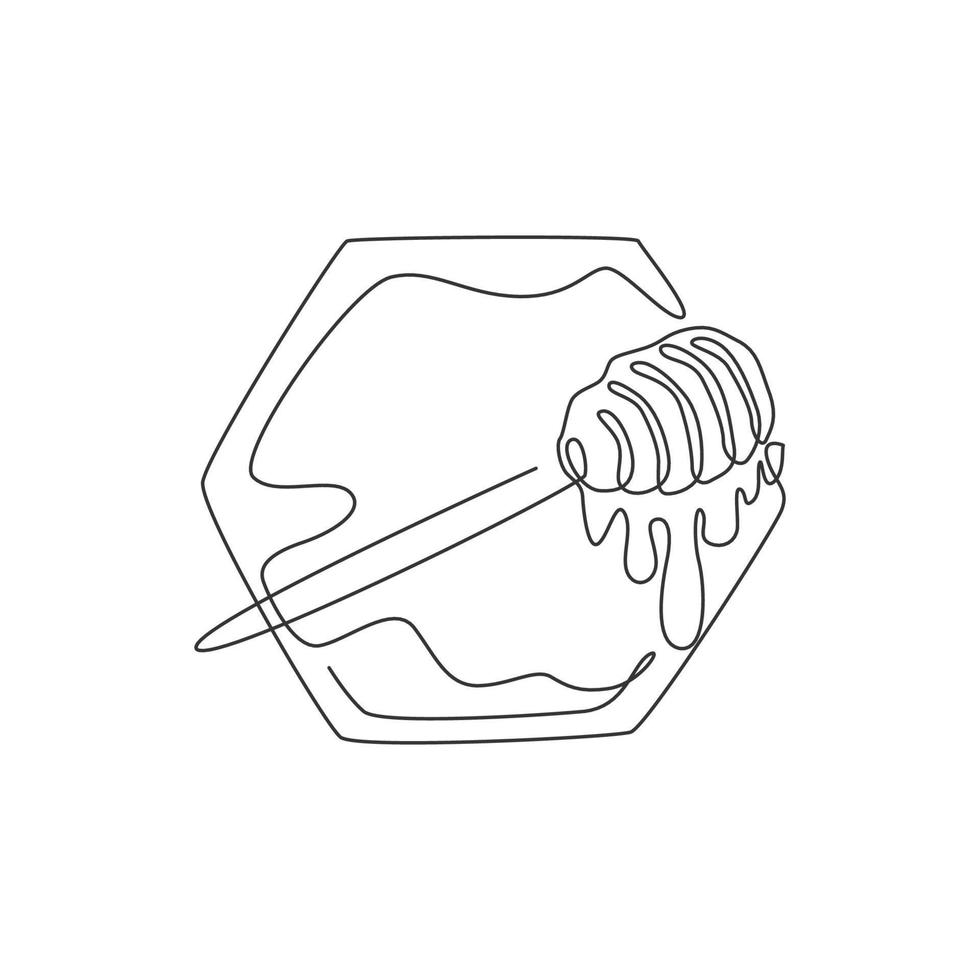 um único desenho de linha de mel doce fresco na concha de madeira pingou de ilustração gráfica de vetor de favo de mel. conceito de comida natural orgânica. design de suplemento saudável de desenho de linha contínua moderno