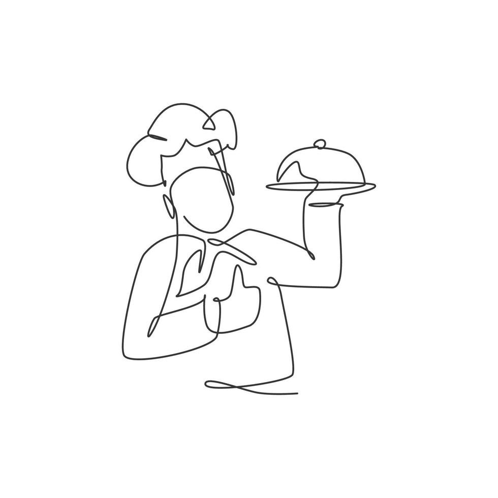 um desenho de linha contínua do personagem do chef homem levantou os polegares para cima do gesto para o emblema do logotipo do restaurante. conceito de modelo de logotipo de loja de café de comida. ilustração em vetor design de desenho de linha única moderna