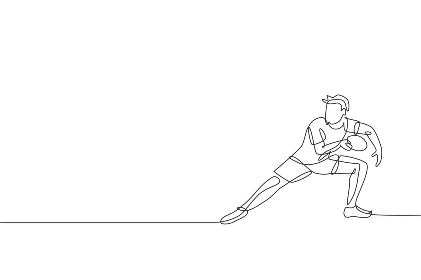 um desenho de linha contínua do jovem jogador de tênis de mesa desportivo pronto para levar a bola rival. conceito de esporte competitivo. ilustração vetorial de desenho de linha única para cartaz de campeonato de pingue-pongue vetor