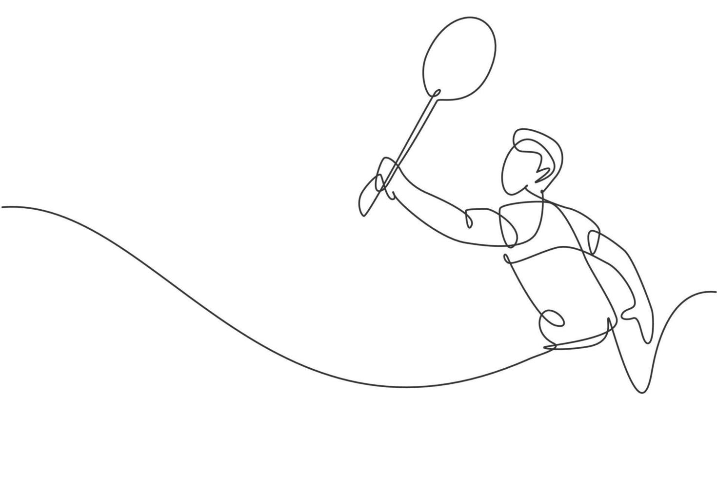único desenho de linha contínua do jovem jogador de badminton ágil atingiu a peteca. conceito de esporte competitivo. ilustração vetorial de design de desenho de uma linha na moda para mídia de publicação de torneio de badminton vetor