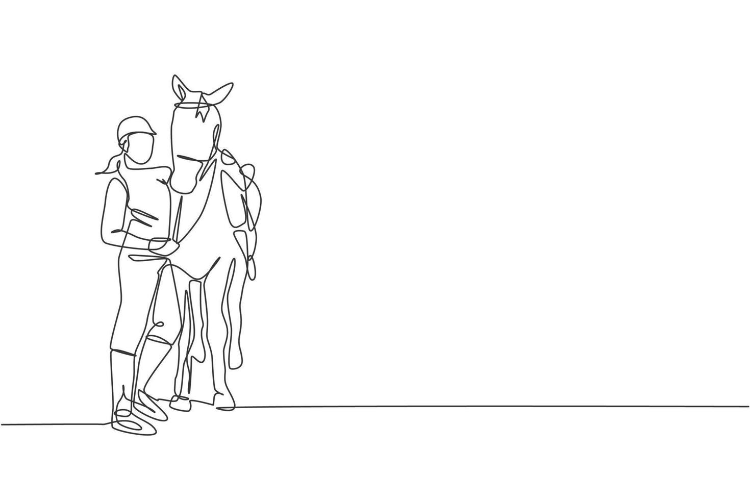 única linha contínua desenhando jovem cavaleiro profissional abraçando e esfregando sua crina. conceito de processo de treinamento de esporte equestre. ilustração gráfica de vetor de design de desenho de uma linha na moda