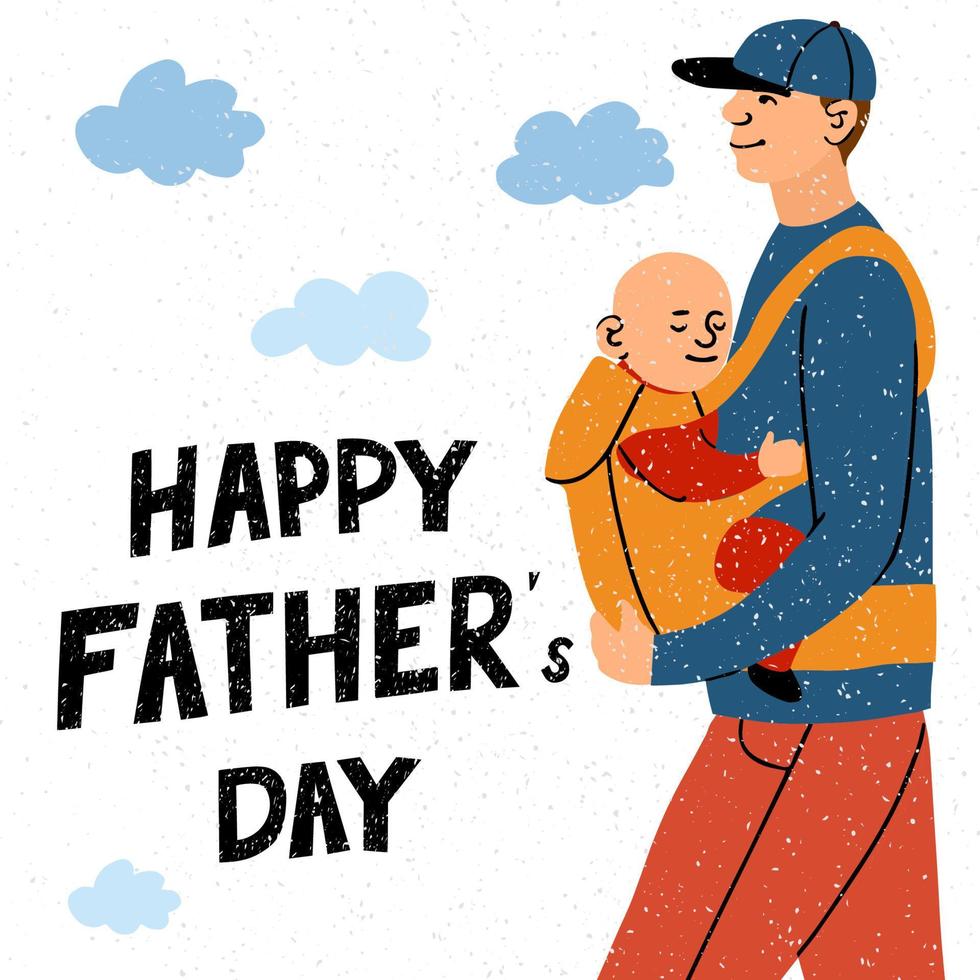 vetor cartão colorido com ilustração do pai com seu filho e letras desenhadas à mão - feliz dia dos pais. design de tipografia para cartão postal, banner, pôster, design de postagem de mídia social
