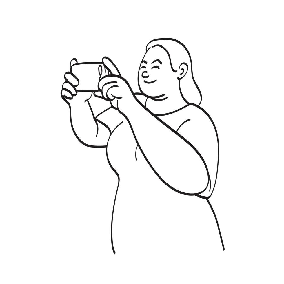 arte de linha metade do comprimento de mulher gorda tirando foto com seu smartphone ilustração vetorial desenhado à mão isolado no fundo branco vetor