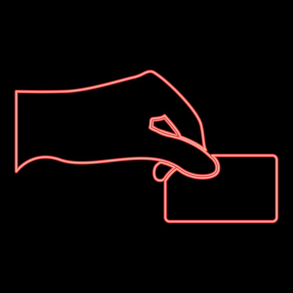 mão de néon dar cartão eletrônico cor vermelha ilustração vetorial imagem estilo plano vetor