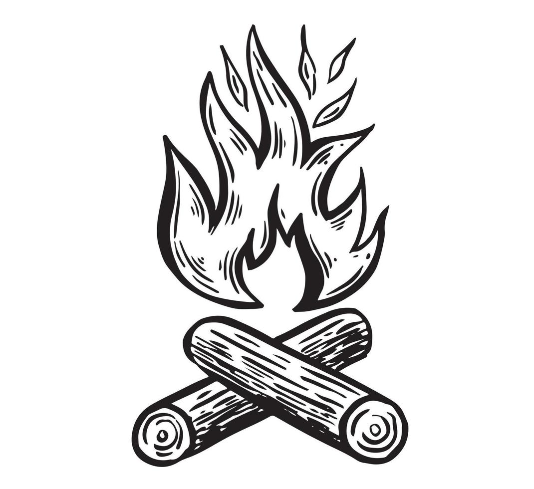fogueira, ilustração desenhada à mão, chama, queima. vetor