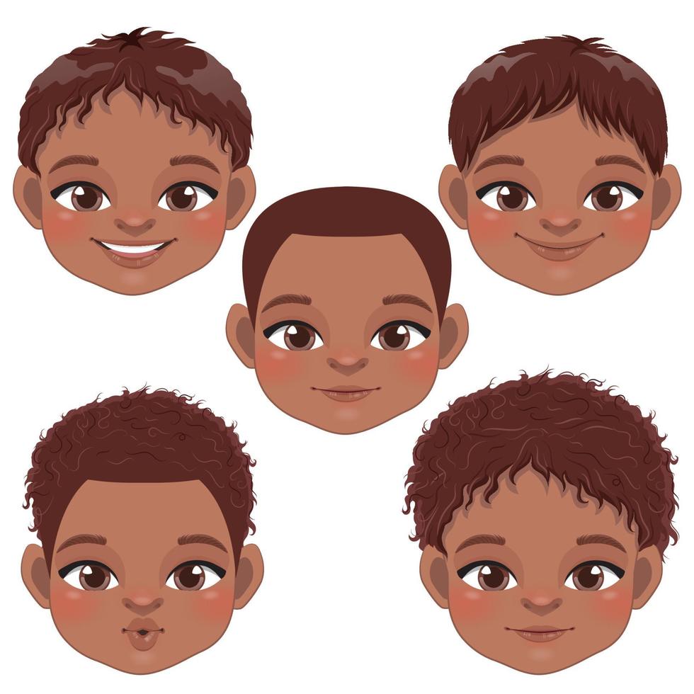 coleção de rosto de menino preto bonito, vetor de personagem de desenho animado africano americano