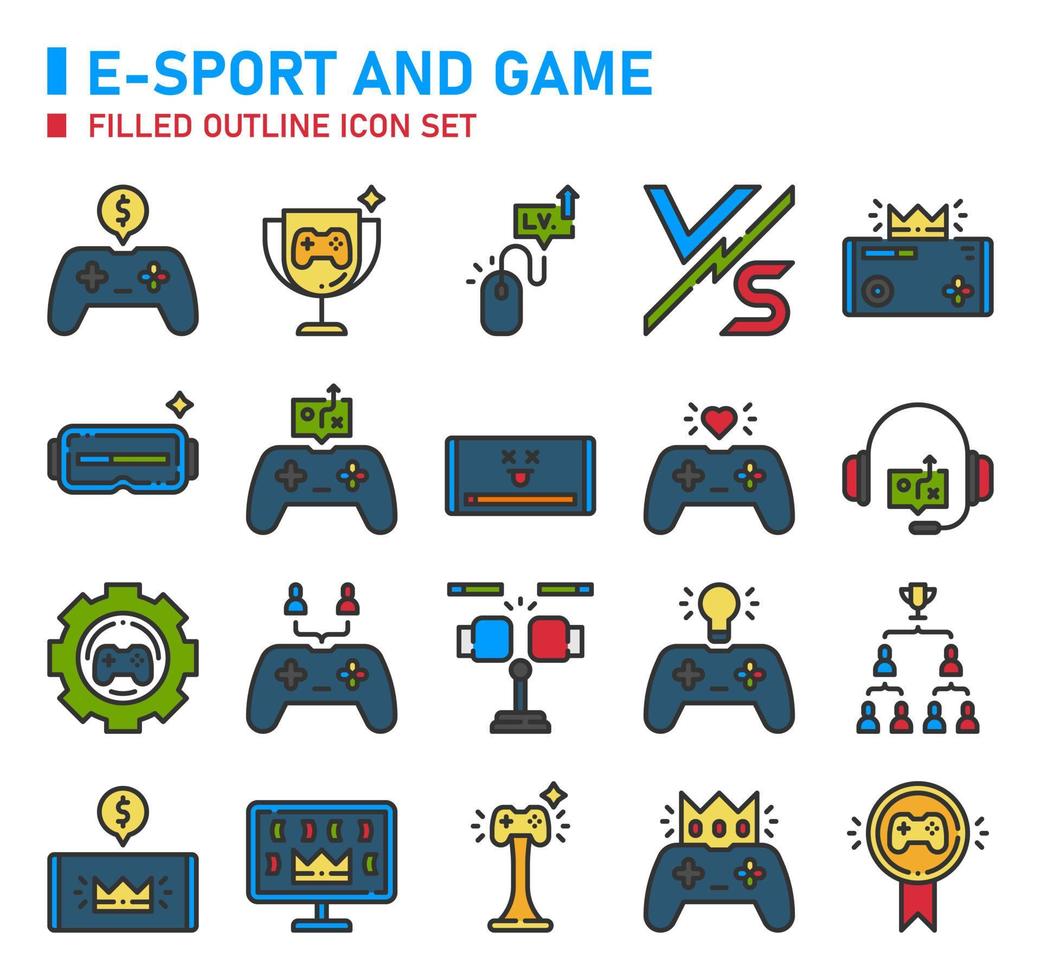 e-sport e jogo cheio de ícones de contorno definido. conjunto de ícones de e-sport. vetor