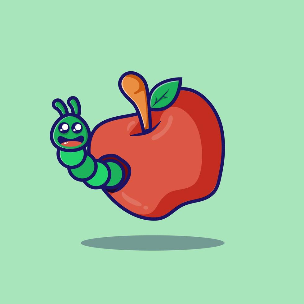 fruta de maçã com design de ilustração de verme feliz vetor