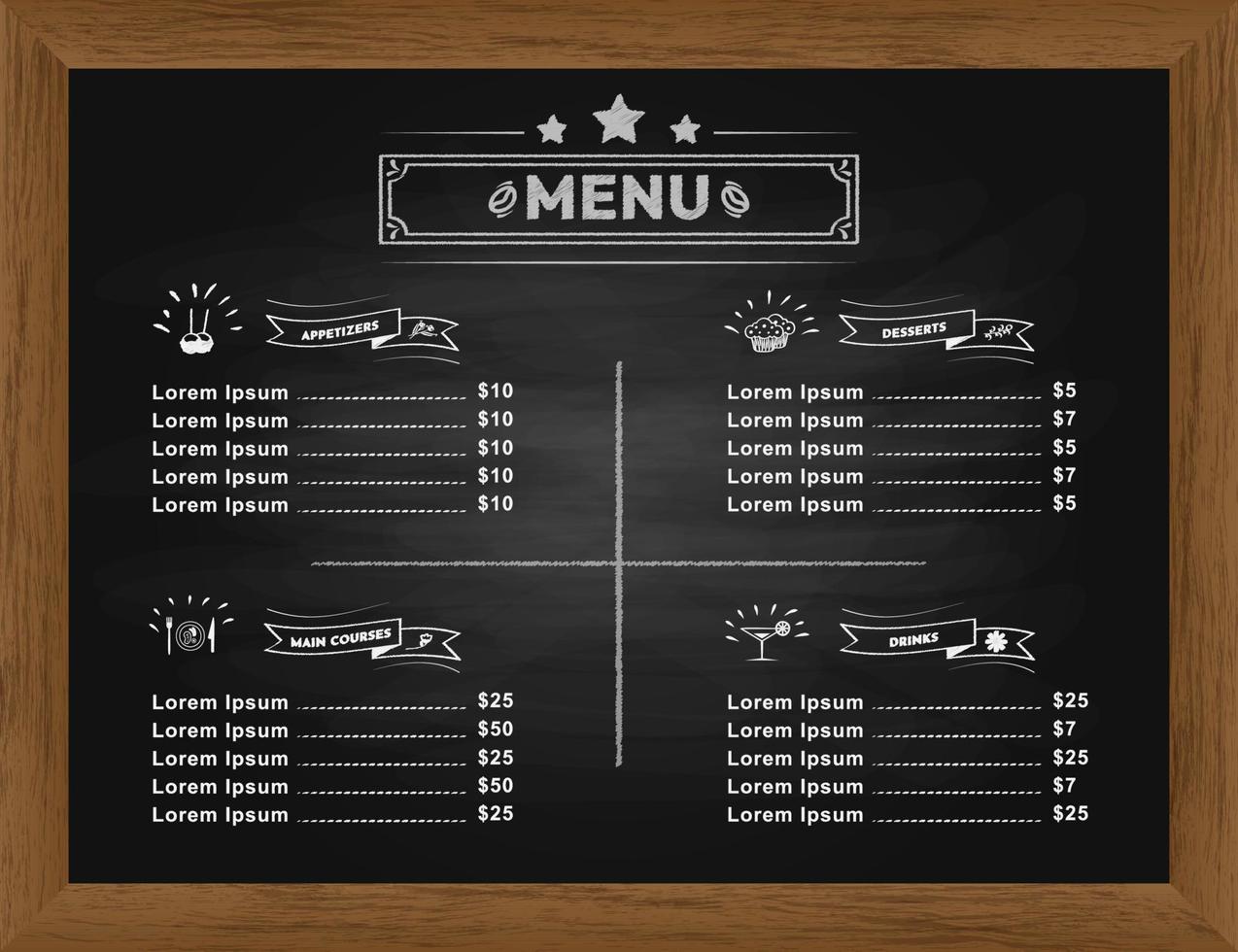 modelo de menu de restaurante desenhado à mão em um design de quadro-negro vetor
