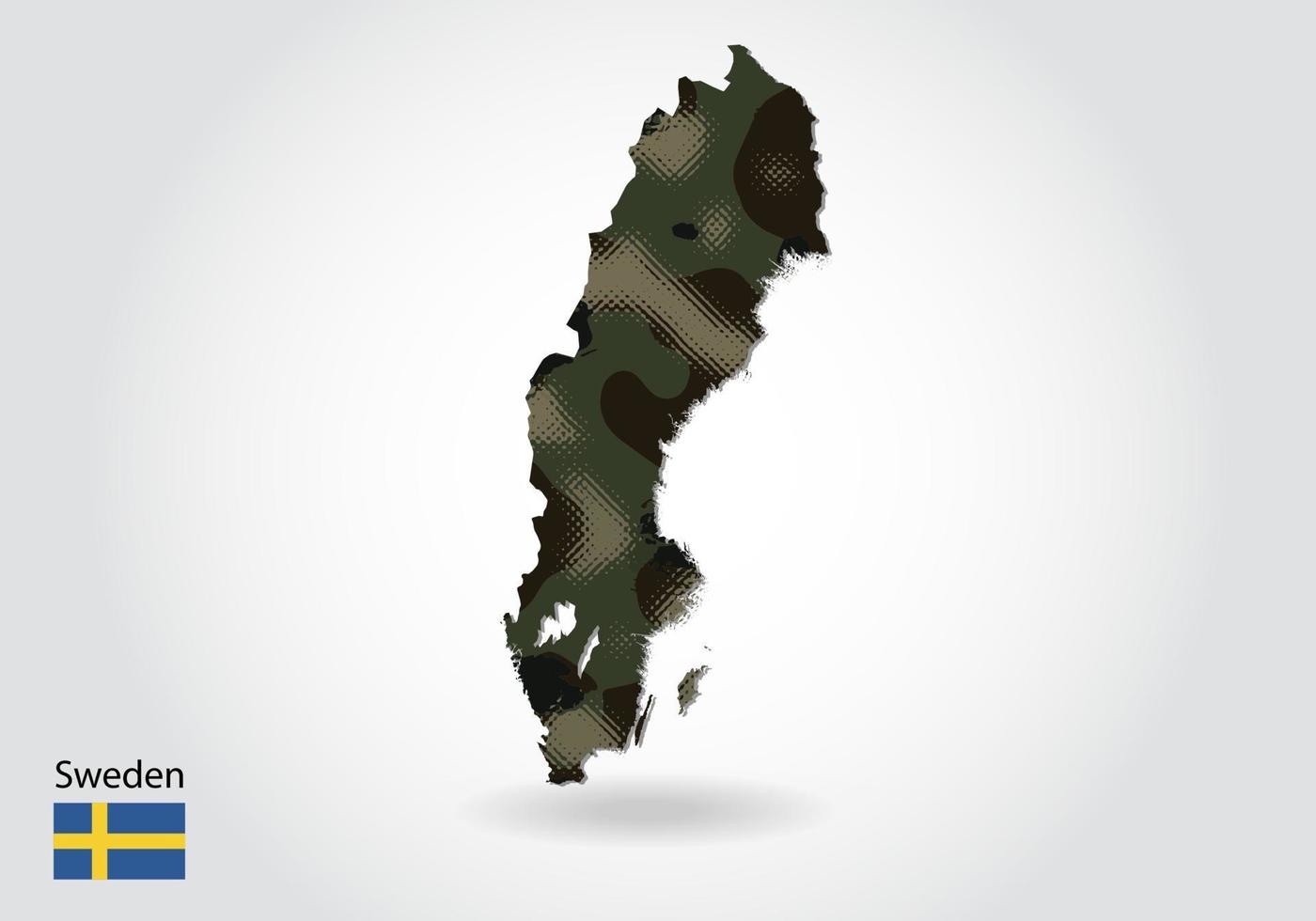 mapa da suécia com padrão de camuflagem, floresta - textura verde no mapa. conceito militar para exército, soldado e guerra. brasão, bandeira. vetor