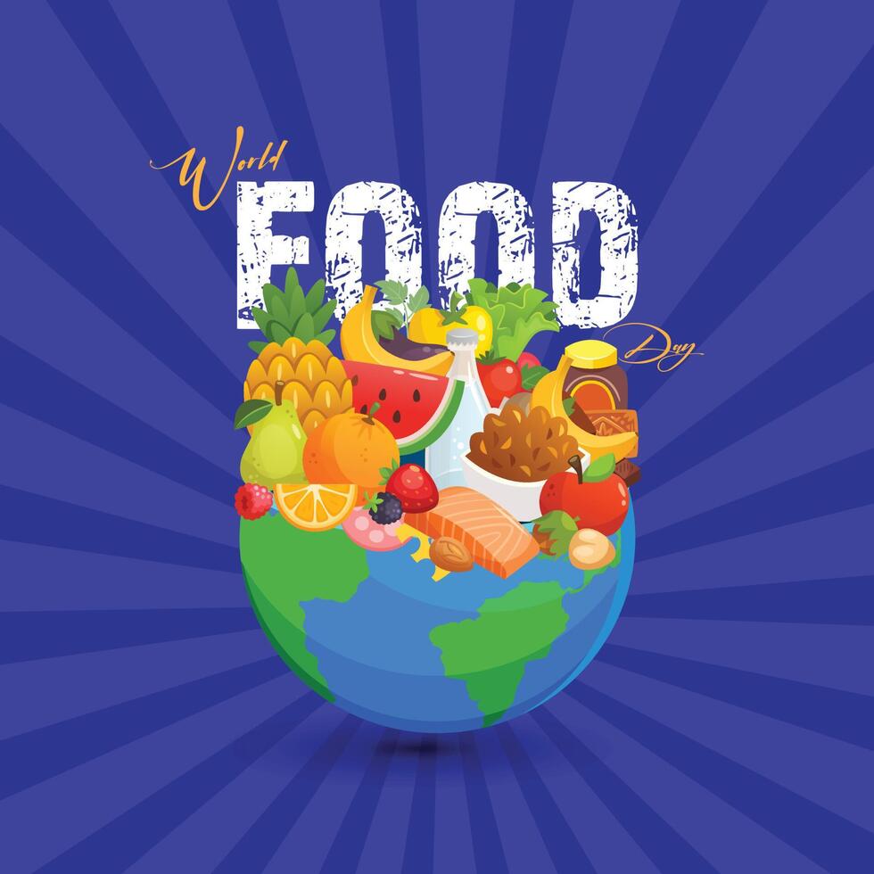 cartazes, banners e design publicitário do dia mundial da alimentação. letras de tipografia do dia da comida com o mapa do mundo e uma variedade de itens alimentares em fundo isolado. ilustração em vetor 3D.