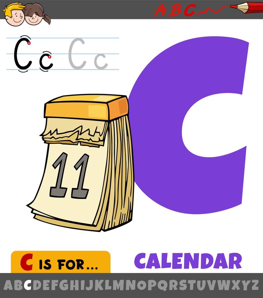 letra c do alfabeto com objeto de calendário de desenho animado vetor