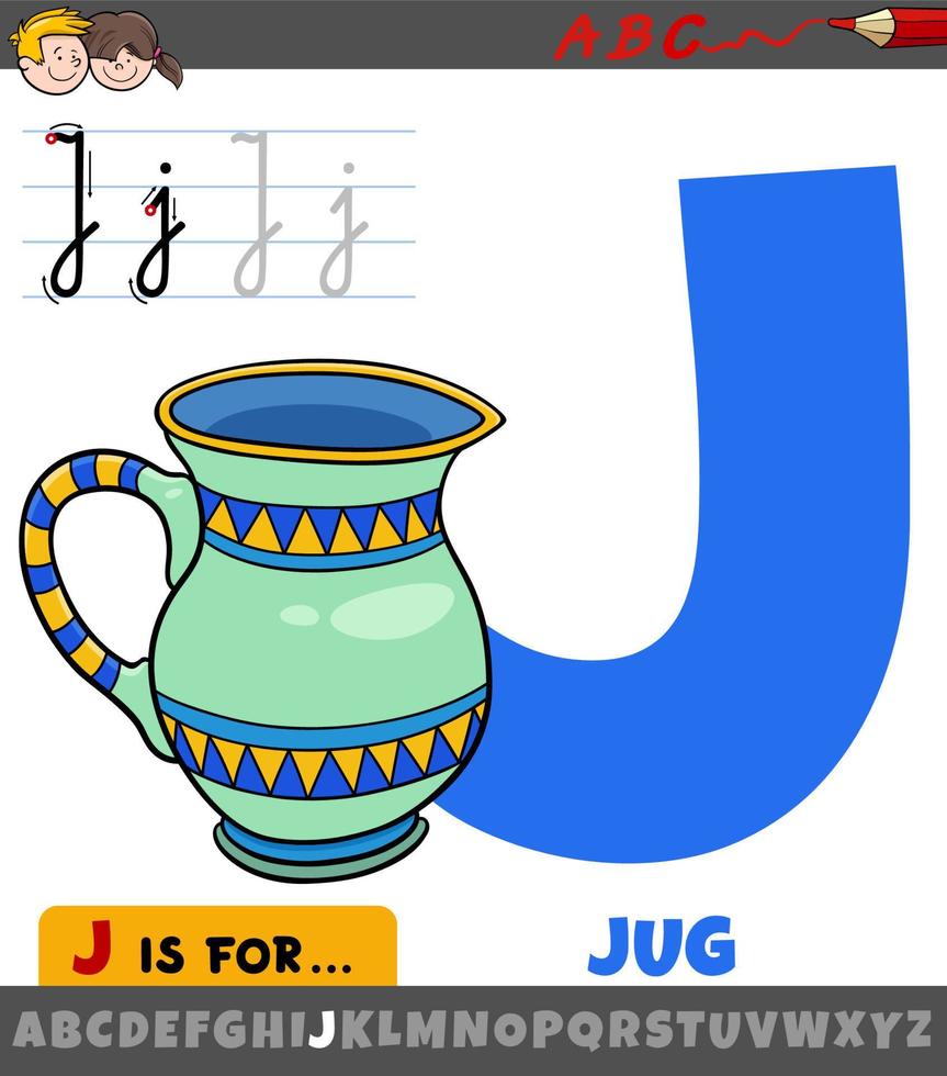 letra j do alfabeto com objeto de jarro de desenho animado vetor